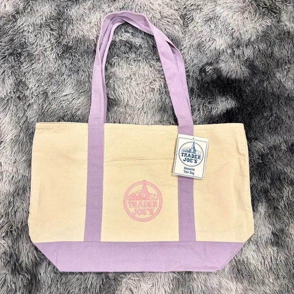 Trader Joe’s Large Canvas Tote Bundle Lavender Navy 20” Reusable Grocery Bag NEW - Picture 2 of 6